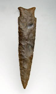 Prehistoric Indian Dalton-Hemphill Point: Native American, Hardin County, IL, ca. 6000 BCE - 5200 BCE. Virtually flawless, this fine point was inked on one side by its finder "Hardin Co., ILL". The point was typed and certified authentic by