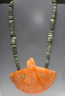 Ancient Valdivian Beads / Necklace, Avian Motif: Pre-Columbian, Ecuador, ca. 3500 BCE - 1800 BCE. Breathtaking necklace comprised of tubular and circular/disk-shaped jadeite beads in several shades of variegated green ranging from apple to