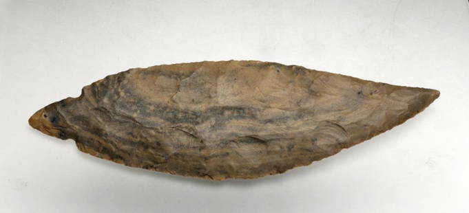 Prehistoric Native American Turkey Tail Blade: Native American, NE Ohio, Harrison County, ca. 2000 BCE - 500 BCE. Authenticated by the late Calvin Howard who stated "It is one of the finest I ever saw". Howard identified the stone as Harrison