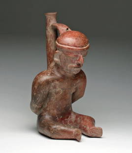 Chorrera Prisoner Whistling Vessel, Ex-Hollywood: Pre-Columbian, Ecuador, Chorrera, ca. 1200 BCE. Large and early pottery vessel of the Chorrera culture, a Late Formative indigenous culture of pre-Columbian Ecuador. Witness this bound captive