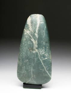 Large, Fine Olmec Jade Celt: Pre-Columbian, Southern Mexico to Guatemala, Olmec culture, ca. 1150-550 CE. The Olmecs exhibited an extraordinary command of this extremely difficult to carve medium. Olmec jade objects such as