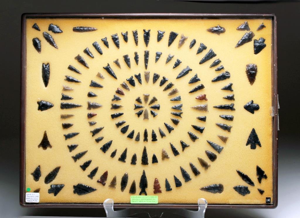 137 Pre-Columbian Obsidian Atl Atl Points, Framed: Pre-Columbian, West Mexico, Jalisco, ca. 300 BCE - 1500 CE. Marvelous collection of 137 atl-atl points, measuring 7/16" to 1 5/8" in length, from Dr. Heflin collection. The late Dr. Allen Heflin assem