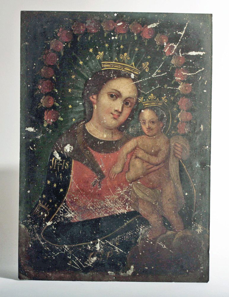 19th C. Mexican Retablo - Our Lady, Refuge of Sinners: Mexico, 19th c. Tender rendition of N.S. Refugio de Pecadores - Our Lady, Refuge of Sinners. In 1719, a Jesuit missionary brought a copy of a painting originally created for an altar formerly at Frasc