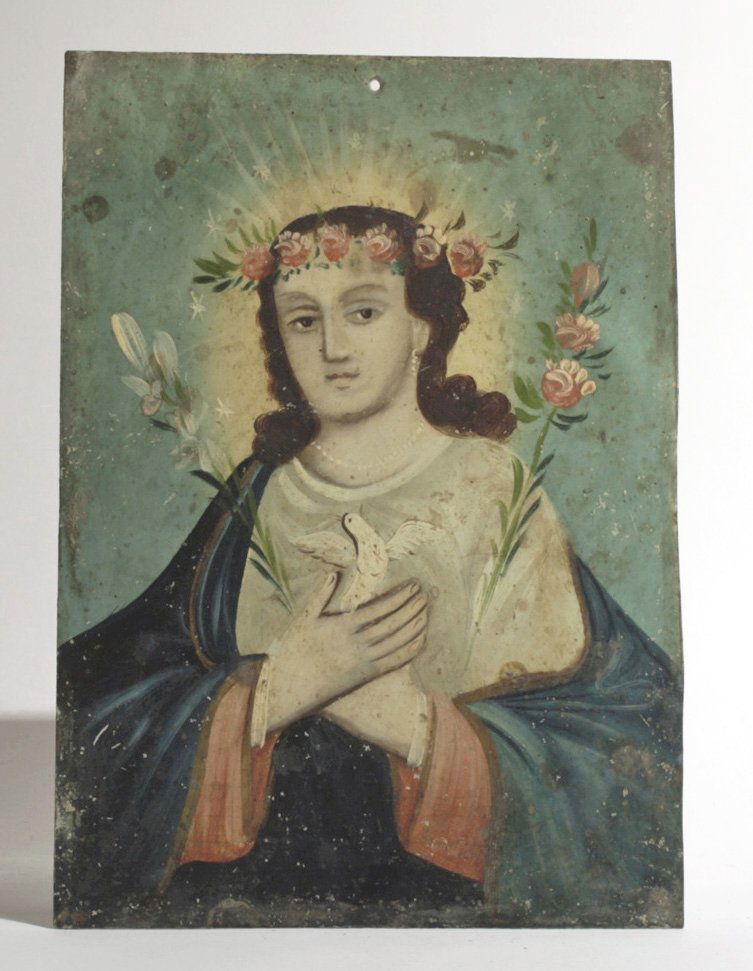 19th C. Mexican Retablo - El Alma de Maria: Mexico, 19th century CE. Breathtaking rendition of El Alma de Maria, capturing the mystical descent of the Holy Ghost upon Mary and the announcements of the Incarnation. Mary is young and beautiful we
