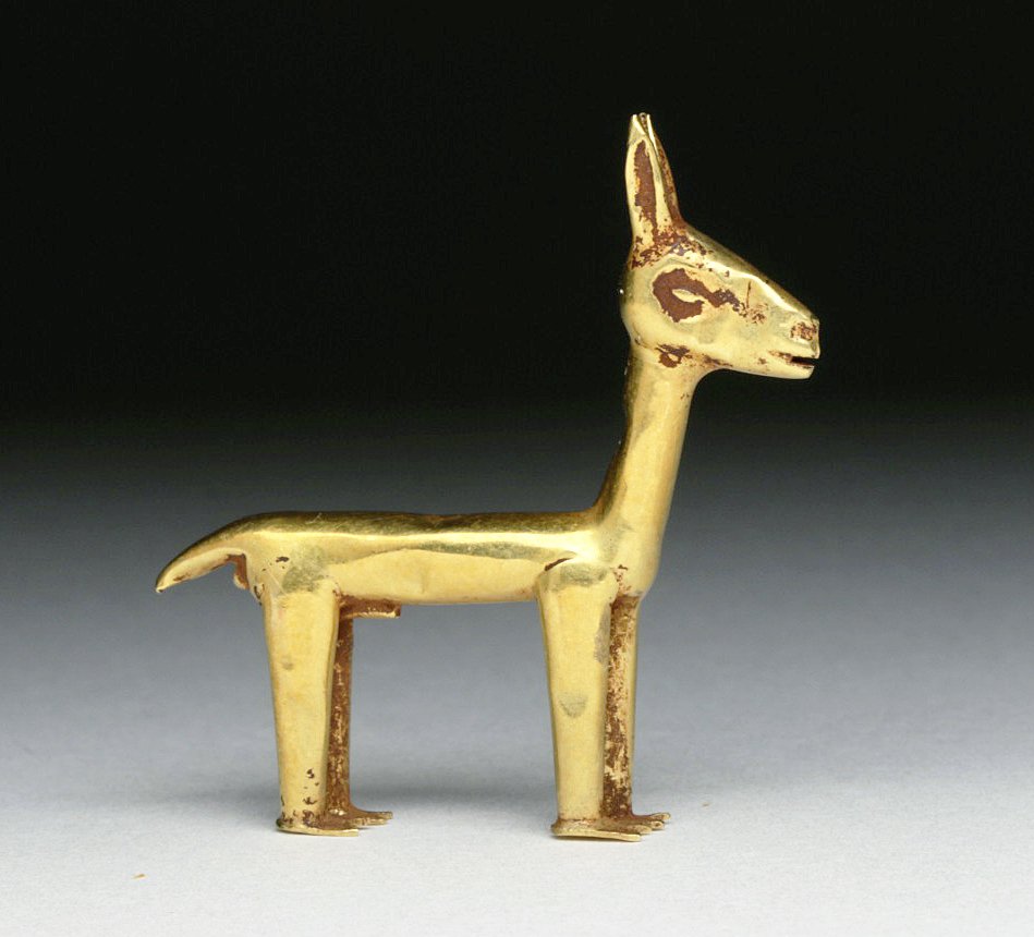 Pre-Columbian Inca Gold Deer: Pre-Columbian, Peru, Inca, ca. 1300 CE - 1500 CE. Hollow sheet gold Incan llama miniature with superb detailing. Likely an offering to a deceased Incan ruler or elite individual. Unlike silver or copp