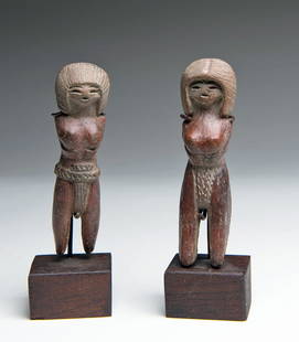 Two Superb Valdivian Venus Figures: Pre-Columbian, Valdivian Culture, Ecuador, 1500 BC. “Venus Figures.” Pottery solid molded figures of a standing female and male. Female nude with long straight hairdo, arms to her belly, simple