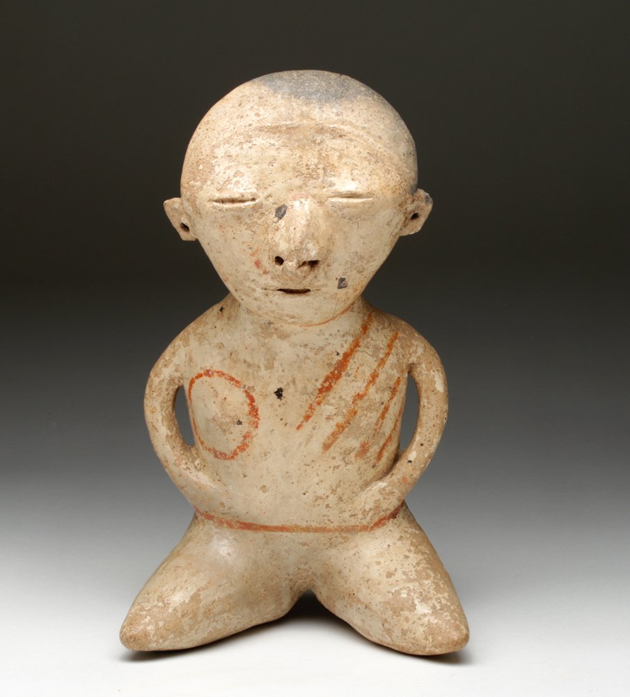 Chinesco Ancestral Seated Venus Figure: Pre-Columbian, West Mexico, Nayarit, Chinesco, 1st - 3rd century CE. This ceramic figure is a fine representation of the Nayarit style known as Chinesco, notable for smooth burnished surfaces and pain