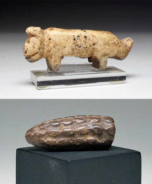 Lot of 2 Chavin Stone Votives: Pre-Columbian, north coast Peru, ca. 1200 BCE. One, a depiction of a corn cob, 2"L; the other a jaguar, 2-12"L x 1"H. Provenance: Ex-private Westermann Collection, Germany. All items legal to buy/sell