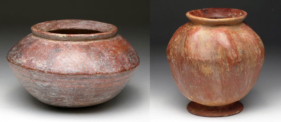 Lot of 2 Narino - Melon Jar + Saucer-Shaped Olla: Pre-Columbian, Border Ecuador/Columbian, Narino culture, ca. 800-1500 CE. Elegant pair of Narino redware pottery. First, a stunning melon shaped red ware jar representing a wonderful phytomorphic form
