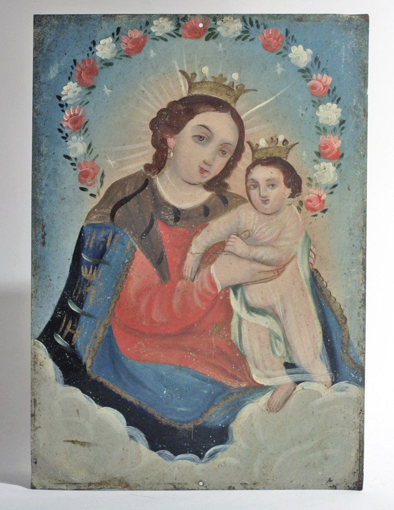 Mexican Retablo - Our Lady, Refuge of Sinners: Mexico, 19th century CE. Tender rendition of N.S. Refugio de Pecadores - Our Lady, Refuge of Sinners. In 1719, a Jesuit missionary brought a copy of a painting originally created for an altar formerly