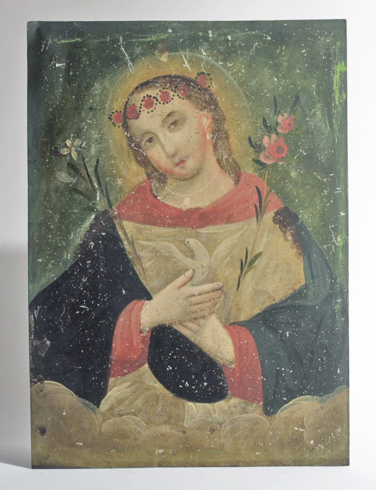 Mexican Retablo - El Alma de Maria: Mexico, 19th century CE. Breathtaking rendition of El Alma de Maria, capturing the mystical descent of the Holy Ghost upon Mary and the announcements of the Incarnation. Mary is young and beautiful we