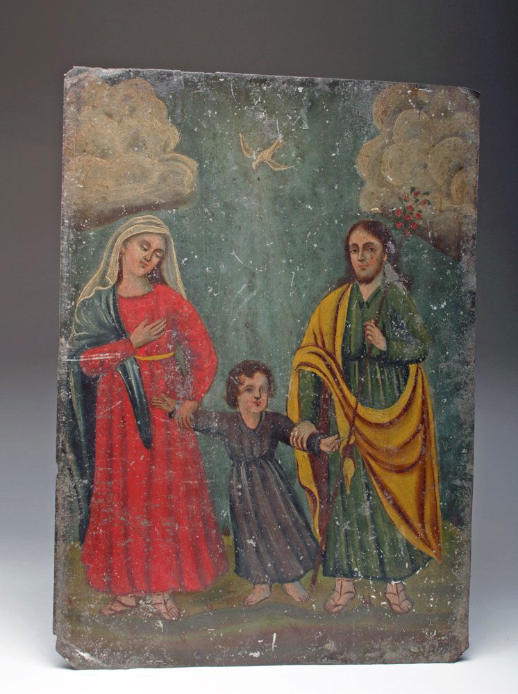 Mexican Retablo La Sagrada Familia (The Holy): Mexico, 19th century. This Mexican retablo features a beautiful rendition of the La Sagrada Familia (The Holy Family) theme. The Mexicans revered the saintly family as an ideal to which they aspired.
