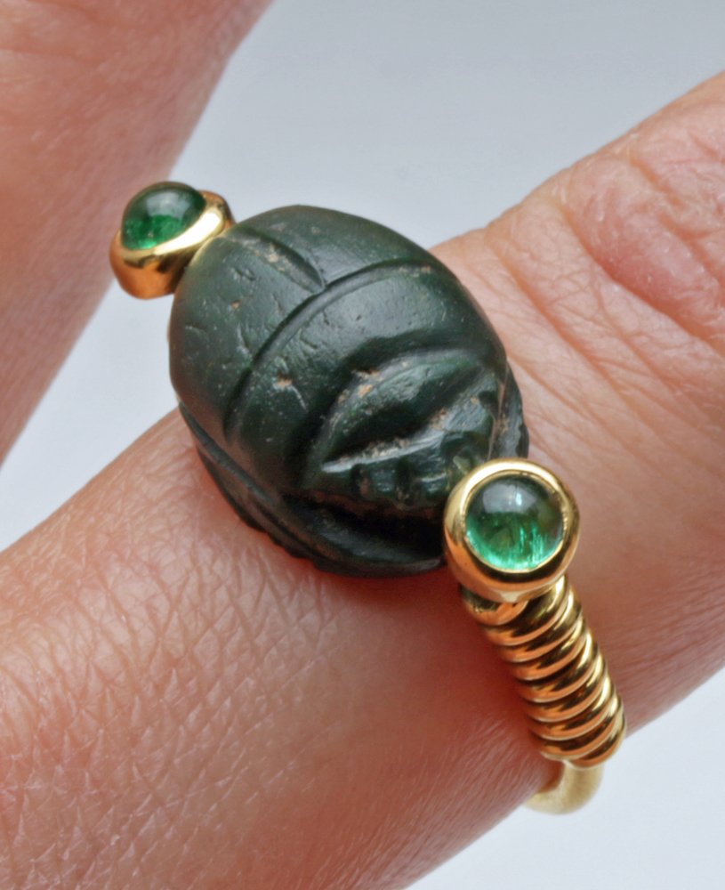 Egyptian Jasper Scarab, Emeralds in Gold Swivel Ring