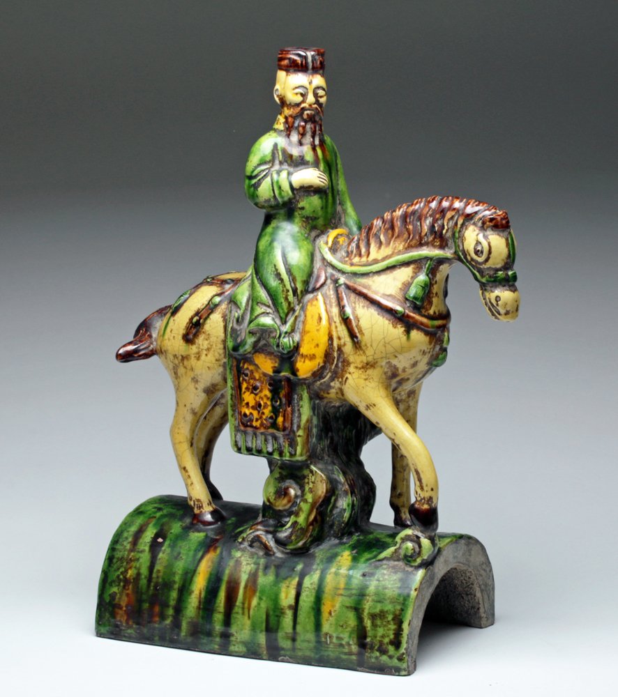 Ming Dynasty Tile - Officer on Horseback: Chinese, China, Ming Dynasty, ca. 1368-1644 CE. An elegant ridge tile that was molded and decorated with a rider on his horse. The glaze work called Sancai presents amber yellow, brown and green h