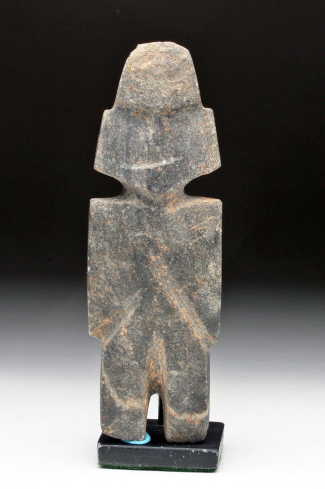 Mezcala Stone Figure - M6 variant: Pre-Columbian, Mexico, Mezcala, Ca. 300 BCE - 100 BCE. This example is indicative of M-6 Mezcala types, according to Carlos Gay's important classification of ancient Mezcala figures. Here is how Gay d