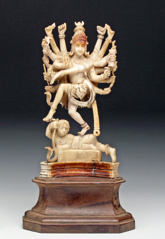 Chinese Ming /Early Qing Dynasty Carving of Shiva Natar: China, Ming to early Qing Dynasty, Ca. 17th to 19th century CE. Incredibly detailed antique ivory carving of the Shiva Nataraj, trampling on the dwarf of ignorance On custom base. 6"H not including ba