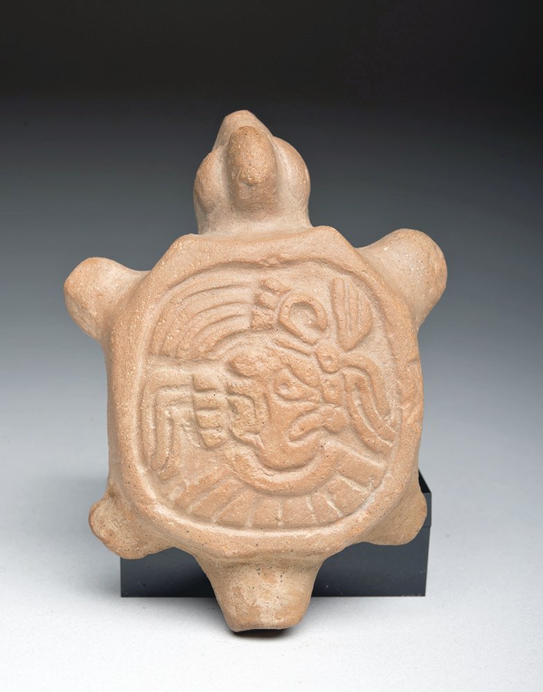Superb Mayan Terracotta Whistle - Turtle: Pre-Columbian, Mayan territories, 550 to 900 CE. Very rare pottery whistle in the form of a turtle. Large glyph of lord or god on its back. Works well! Size: 2" L x 2-1/2" W. Provenance: Ex-Miriam Tor