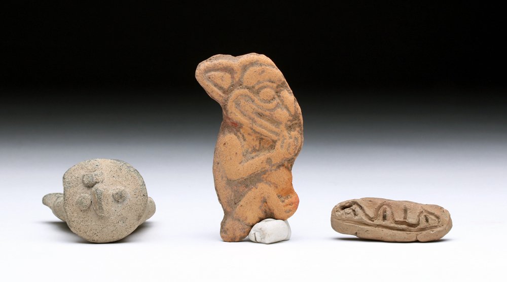 3 Pre-Columbian Terracotta Stamp Seals - Mayan Bat: Pre-Columbian, Mayan Territories, ca. 500-900 CE. Three hand-built clay stamp seals, the most intriguing representing a Mayan figure, most likely the Bat God Camazotz, meaning "death bat" in the Kiche