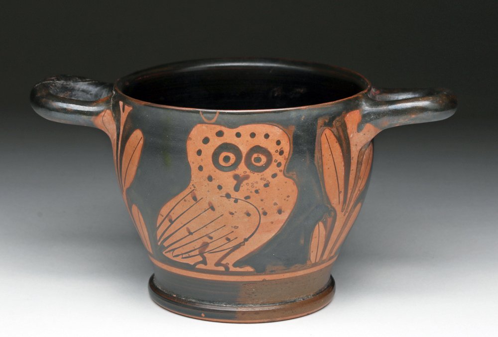Greek Attic Owl Skyphos: Athens, Greece, ca. late 5th century BCE. This one is Attic, not Apulian like most of the vessels found typically. Twin handled red-figure terracotta cup in very thin pottery, decorated on both sides