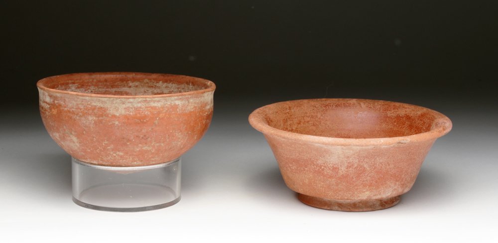 Lot of 2 Roman Redware Bowls: Greece, Near East, Hellenistic, 1st century BCE - 1st century CE and Roman Empire, Italic Terra Sigillata, 2nd century BCE. A handsome pair of classical redware - one round-bottomed Hellenistic bowl,