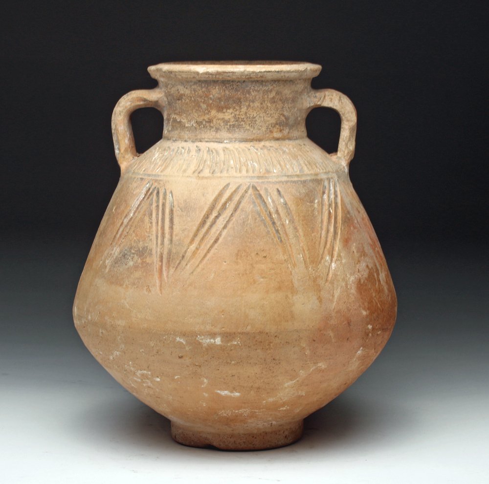 Byzantine Terracotta Amphora - Found in Nizip: Byzantine, ca. 4th to 5th century CE, found in Nizip, near the ancient city of Gaziantep in southeast Turkey, one of the oldest continuously inhabited cities of the globe. Its form is quite voluminous