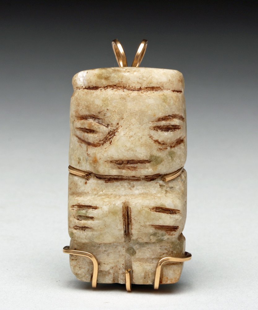 Mixtec Stone Penate w/Gold Bale: Pre-Columbian, Mexico, Oaxacan region, ca. 1200 to 1500 CE. String-cut stone penate (pendant) of humanoid form, squarish string-cut features to which a 14k gold bale has been added in recent times. Si
