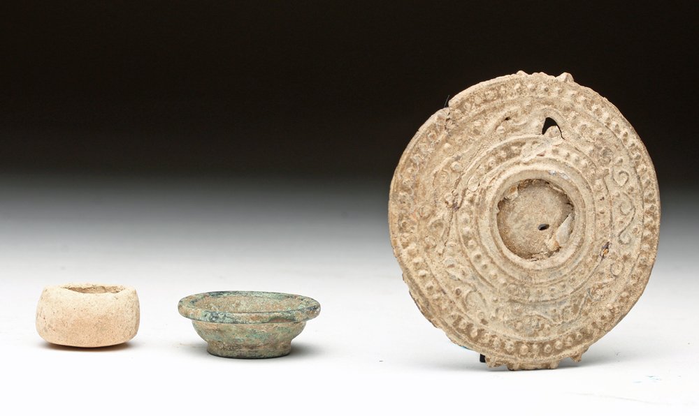 3 Ancient Rome Items - Bronze, Lead, Pottery: Rome, ca 1st to 3rd century CE. Interesting lot of three miniature/near miniature objects. First a lead votive mirror with scrolled decoration, central depression for silvered glass, floral design on