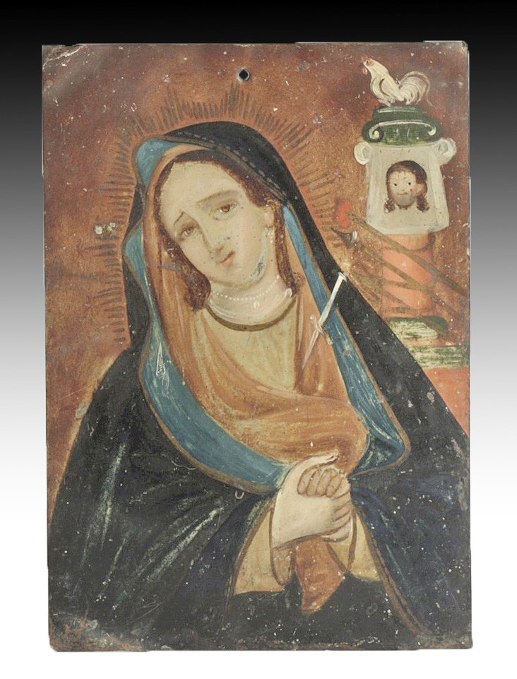 19th C. Mexican Retablo - Mater Dolorosa: Mexico, 19th c. Antique tin retablo with rendering of Mater Dolorosa or N.S. de los Dolores - Sorrowful Mother or Our Lady of Sorrows. This image is one of the most important compositions in which Mar