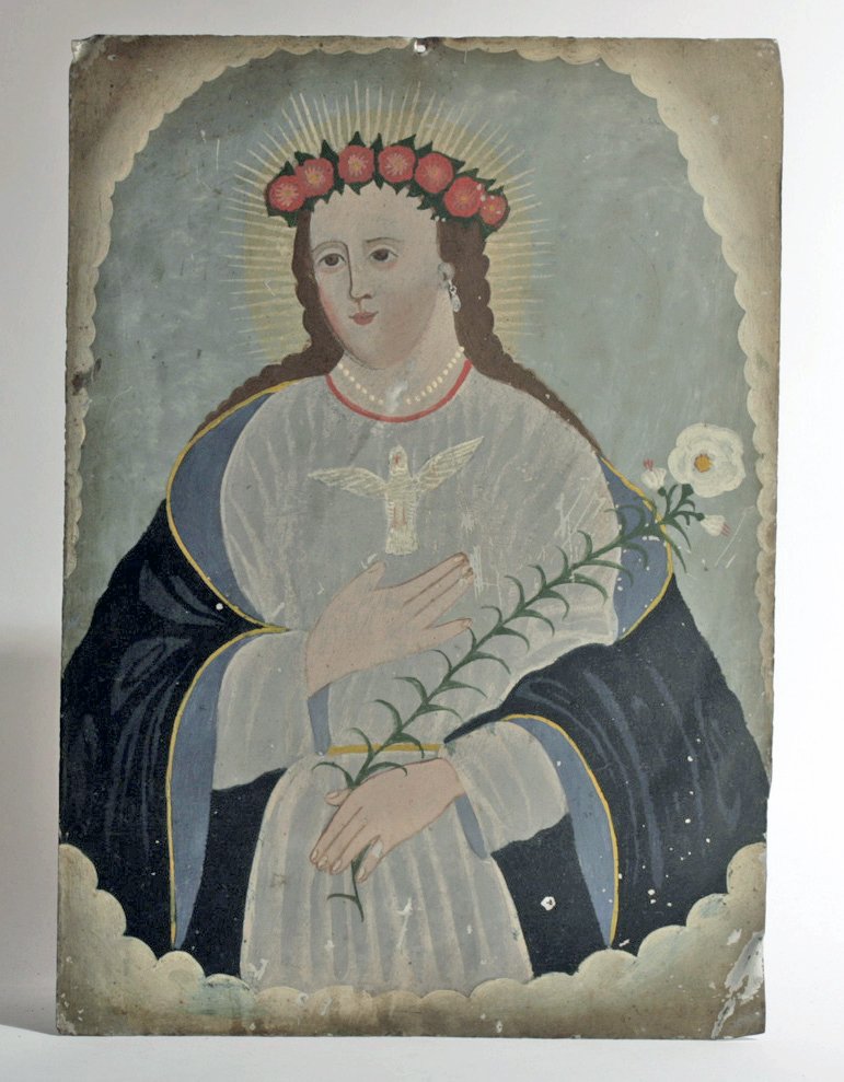 Antique Mexican Retablo - El Alma de Maria: Mexico, 19th century CE. This antique tin retablo features a lovely rendition of El Alma de Maria, capturing the mystical descent of the Holy Ghost upon Mary and the announcements of the Incarnation. 