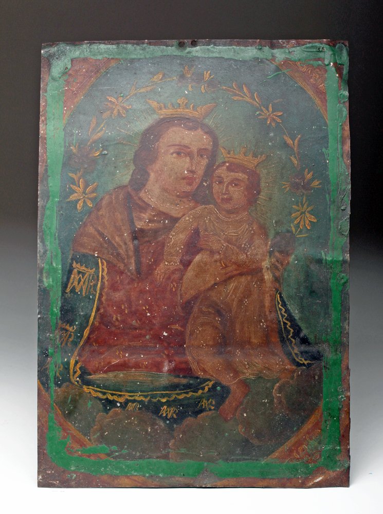Antique Mexican Retablo - Our Lady, Refuge of Sinners: Mexico, 19th century CE. Tender rendition of N.S. Refugio de Pecadores - Our Lady, Refuge of Sinners on an antique tin retablo. In 1719, a Jesuit missionary brought a copy of a painting originally cre