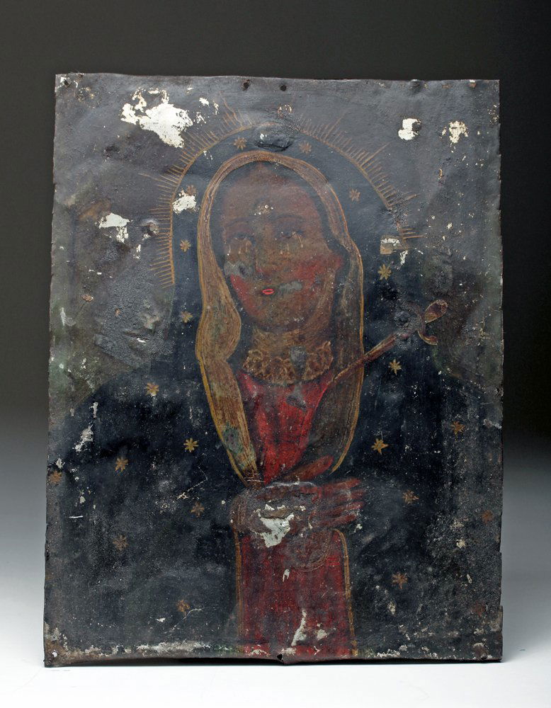 19th C. Mexican Retablo - Mater Dolorosa: Mexico, 19th century CE. Antique tin retablo with rendering of Mater Dolorosa or N.S. de los Dolores - Sorrowful Mother or Our Lady of Sorrows. This image is one of the most important compositions in