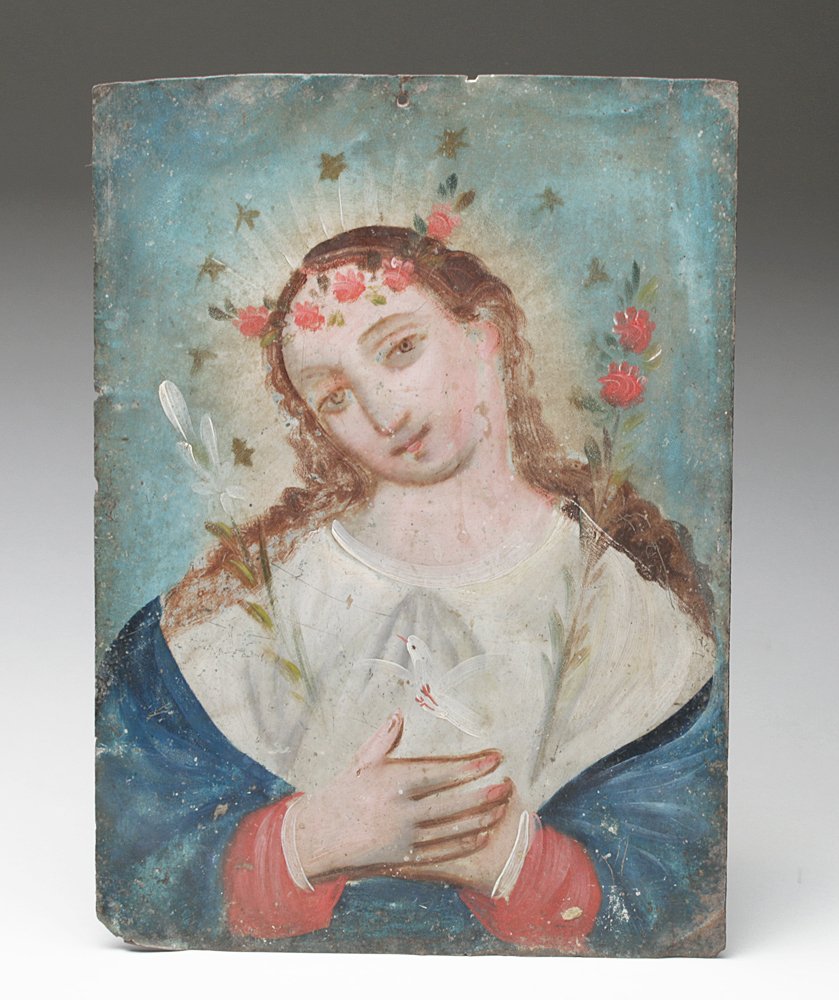 Antique Mexican Retablo - El Alma de Maria: Mexico, 19th century CE. Breathtaking rendition of El Alma de Maria on tin, capturing the mystical descent of the Holy Ghost upon Mary and the announcements of the Incarnation. Mary is young and beaut
