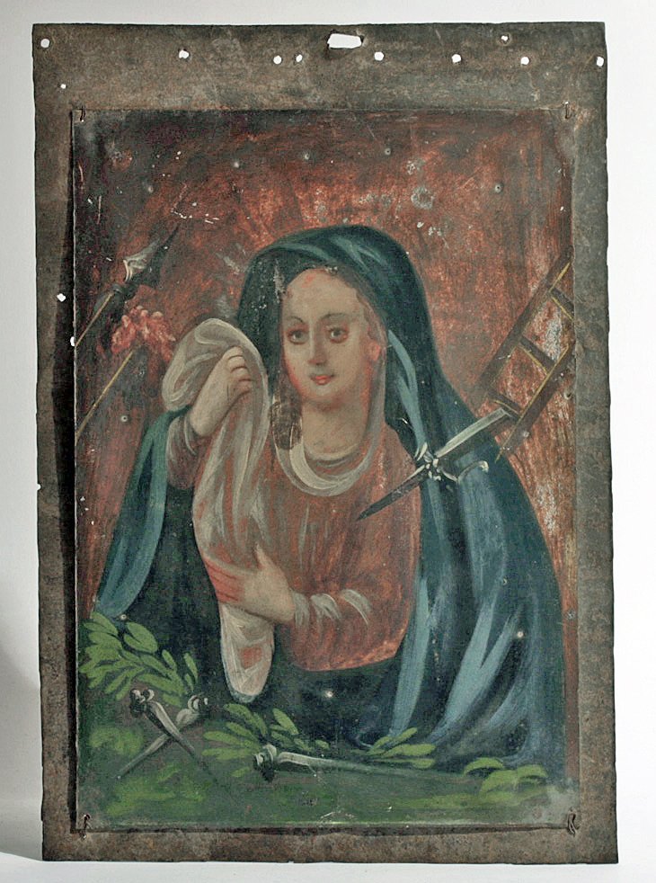 Antique Mexican Retablo - Mater Dolorosa: Mexico, 19th century CE. Poignant retablo with rendering of Mater Dolorosa or N.S. de los Dolores - Sorrowful Mother or Our Lady of Sorrows - painted on tin and attached to a tin base that frames the 