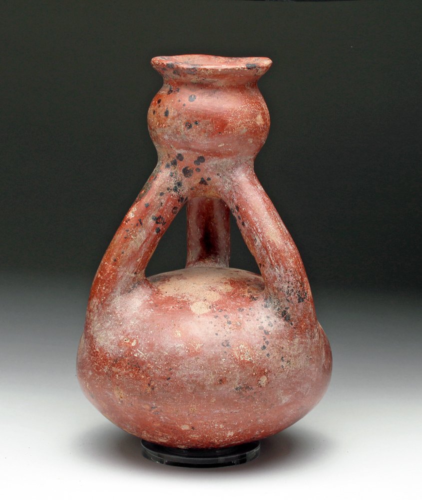 Colima Pottery Double Tiered Jar: Pre-Columbian, West Mexico, Colima, ca. 300 BCE to 300 CE. Rare pottery vessel with bulbous base and connected to a smaller olla by way of three "tubes." An interesting example! Size: 8"H x 5-1/4" in 