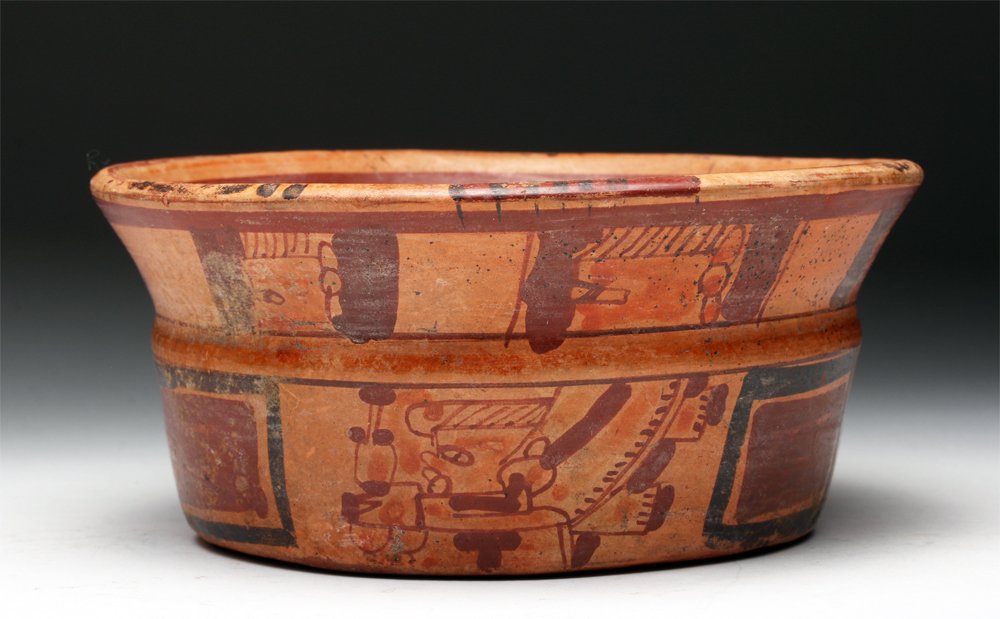Mayan Pottery Bowl: Pre-Columbian, Honduras, Ulua Valley, ca. 550 to 900 CE. Lovely Mayan pottery bowl with glyphoids in the form of human faces and winged dancers. Size: 6-3/4" in diameter x 3"H. Provenance: Ex-private