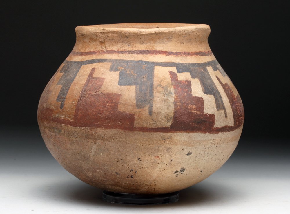 Casas Grande Pottery Polychrome Olla - Rare Decoration!: Pre-Columbian, Northern Mexico, ca. 1100 to 1400 CE. Unusual pottery jar from the region near Chihuahua. Rounded olla with short flared rim, painted with repeating red and black step pattern. This is 