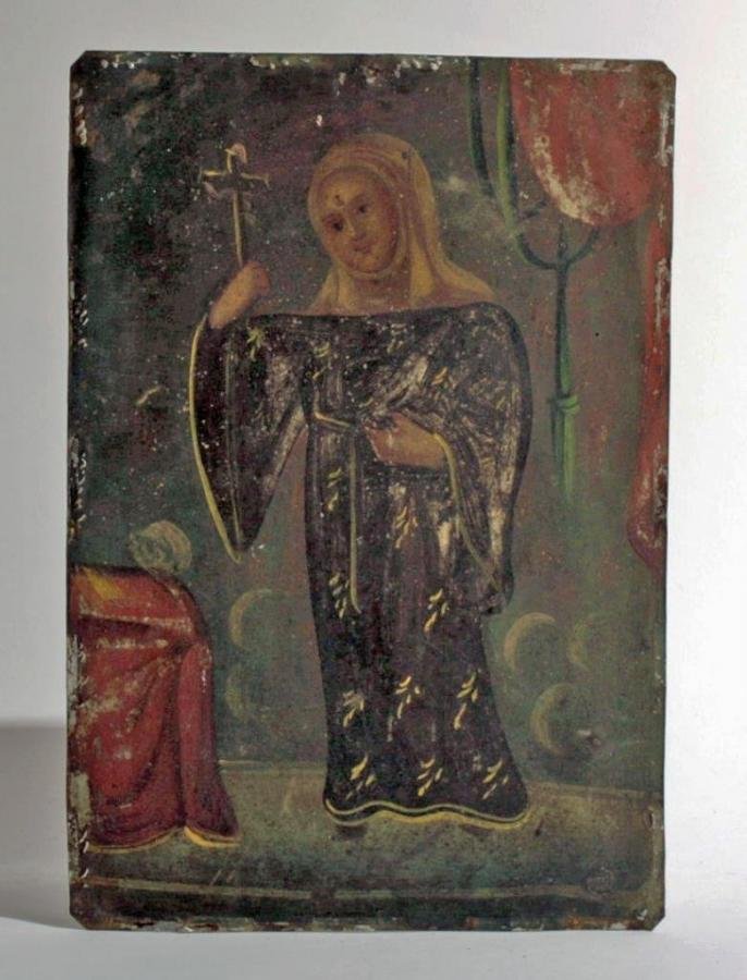 19th C. Mexican Retablo, St. Rita de Cascia: Mexico, ca. 19th Century CE. A lovely antique retablo depicting St. Rita of Cascia, the Augustinian nun who, along with St. Jude, is the patron saint of impossible causes. Here she is shown wearing th