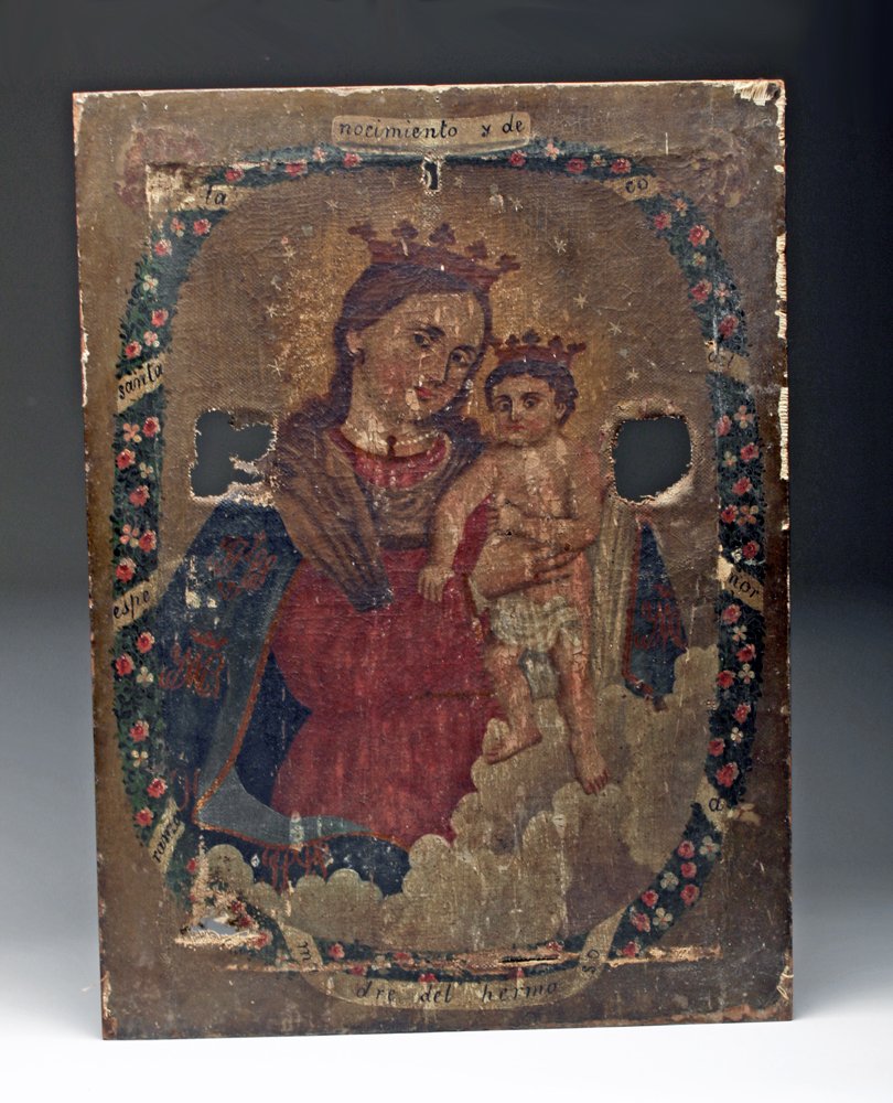 19th C. Mexican Virgin Mary Child Painting on Canvas: Mexico, ca. 19th century CE. Antique retablo on canvas depicting an endearing scene of the crowned Virgin Mary holding the crowned Christ Child in a protective and loving manner. Surrounding the pair 