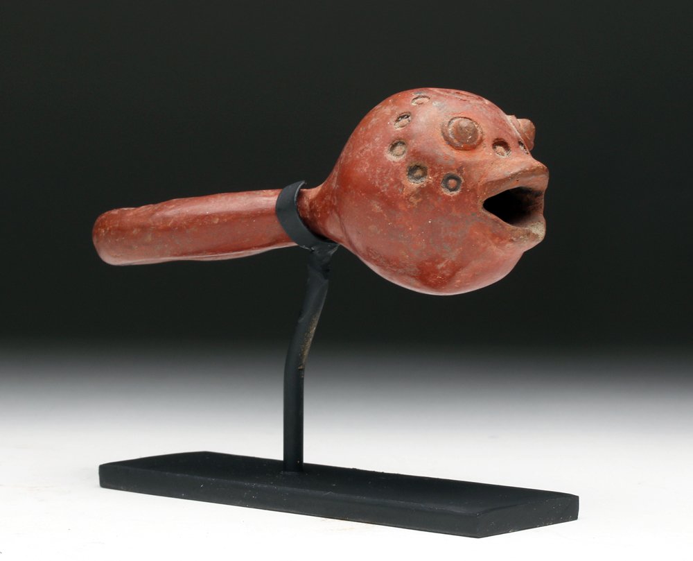 Colima Redware Serpent Rattle: Pre-Columbian, West Mexico, ca. 200 BCE to 200 CE. Wonderfully handbuilt pottery rattle modeled in the form of an abstract serpent, its nearly spherical head containing rattles, head and body adorned
