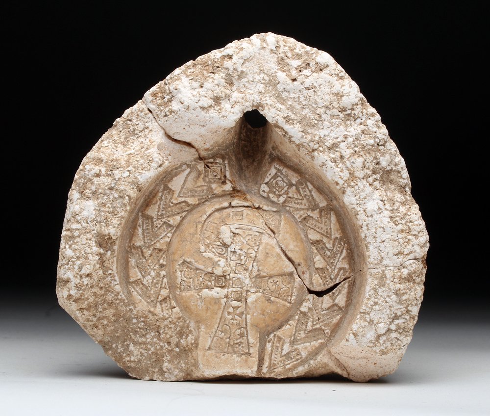 Byzantine Stucco Oil Lamp Mold, Chi Ro: North Africa, Boeotia, Byzantine, ca. 4th to 5th century CE. A richly detailed stucco oil lamp mold with Chi Rho in the tondo. The iconography is delineated with intricate detail. Quite rare to find a