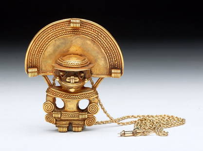 Tairona Gold Pendant - 21.4g: Pre-Columbian, Colombia, Tairona culture, ca. 900 to 1500 CE. Stunning solid gold pendant in the form of a standing shaman. He wears a large nose ornament with scrolled designs along base, suspension