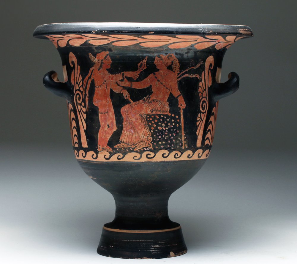 Greek Paestan Red Figure Bell Krater: Magna Graecia, Sicily, Paestum (in Greek Poseidonia), ca. late 5th to early 4th century BCE. A large two-sided red-figure bell krater vessel for mixing wine and water, in the style of the Python paint