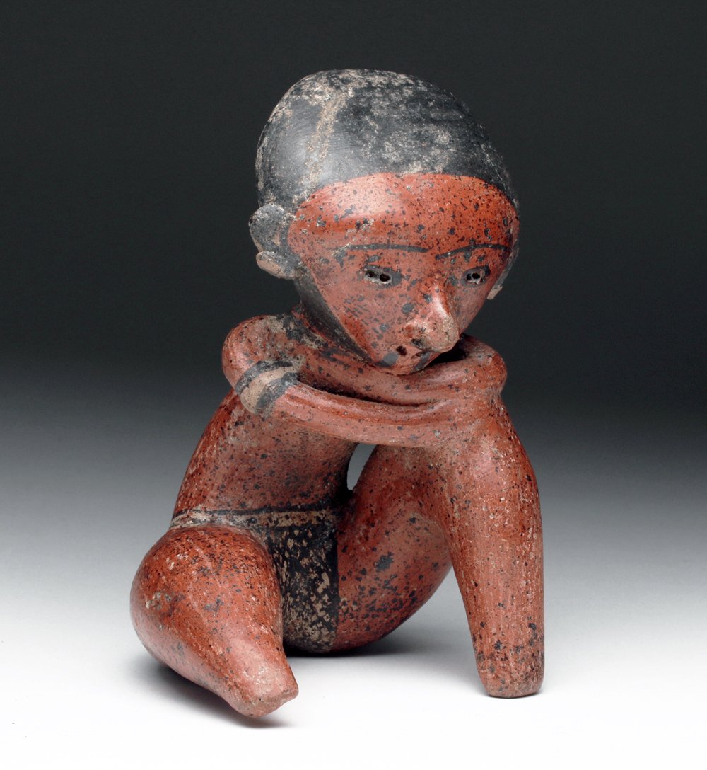 Nayarit Chinesco Polychrome Seated Pensadora / Thinker: Pre-Columbian, West Mexico, Nayarit, ca. 200 BCE to 100 CE. An expressive pottery female figure, sculpted with Chinesco stylings, in classic 'thinking' pose, with chin resting on folded arms supported