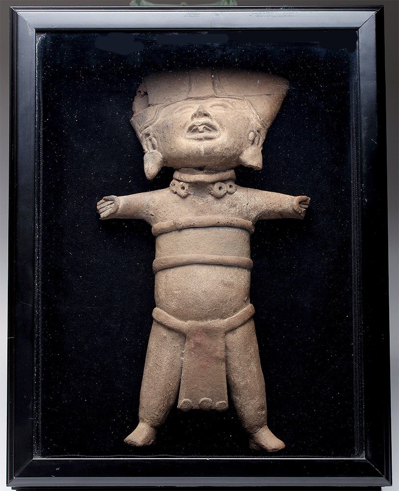 Veracruz Sonriente - Remojadas Style: Pre-Columbian, Gulf Coast Mexico, Vera Cruz, Remojadas style, ca. 550 to 950 CE. An outstanding example of a Sonriente terracotta figure, the most well-known of Remojadas figurines, featuring a tradit