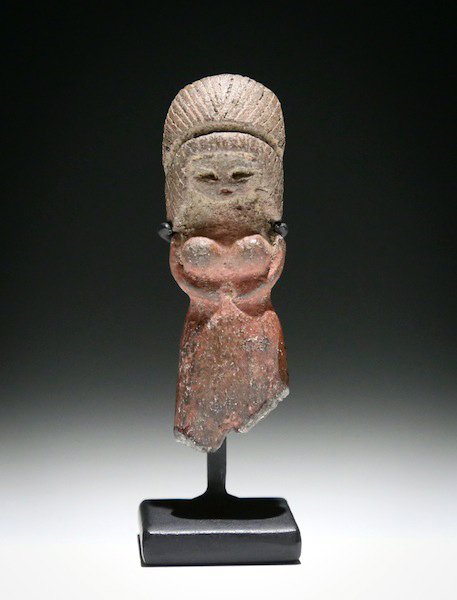 Valdivian Venus Female Figure: Pre-Columbian, Ecuador, ca. 3500 BCE to 2000 CE. A fine Valdivian "Venus" female figure features small breasts, indicating it is a female, incised lines for hair, and small impressions for eyes and a 