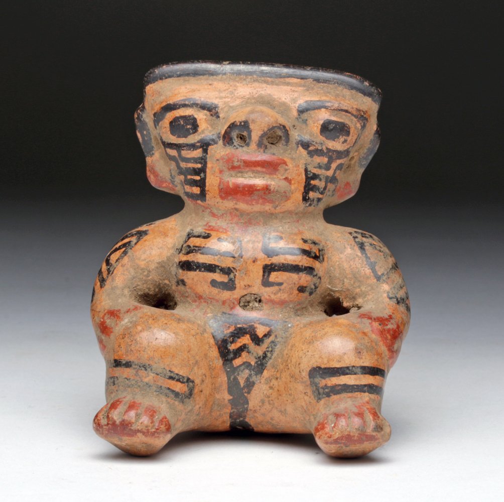 Costa Rican Polychrome Venus Figure: Pre-Columbian, Costa Rica, Guanacaste, Nicoya Region, ca. 200 to 600 CE. This female venus figure possesses the elegant stylings of the Guanacaste-Nicoya artisans. The striking trichromatic ceramic st