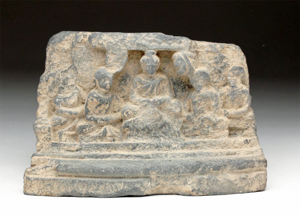 Gandharan Gray Schist Panel - Buddha & Attendants (1 of 2)