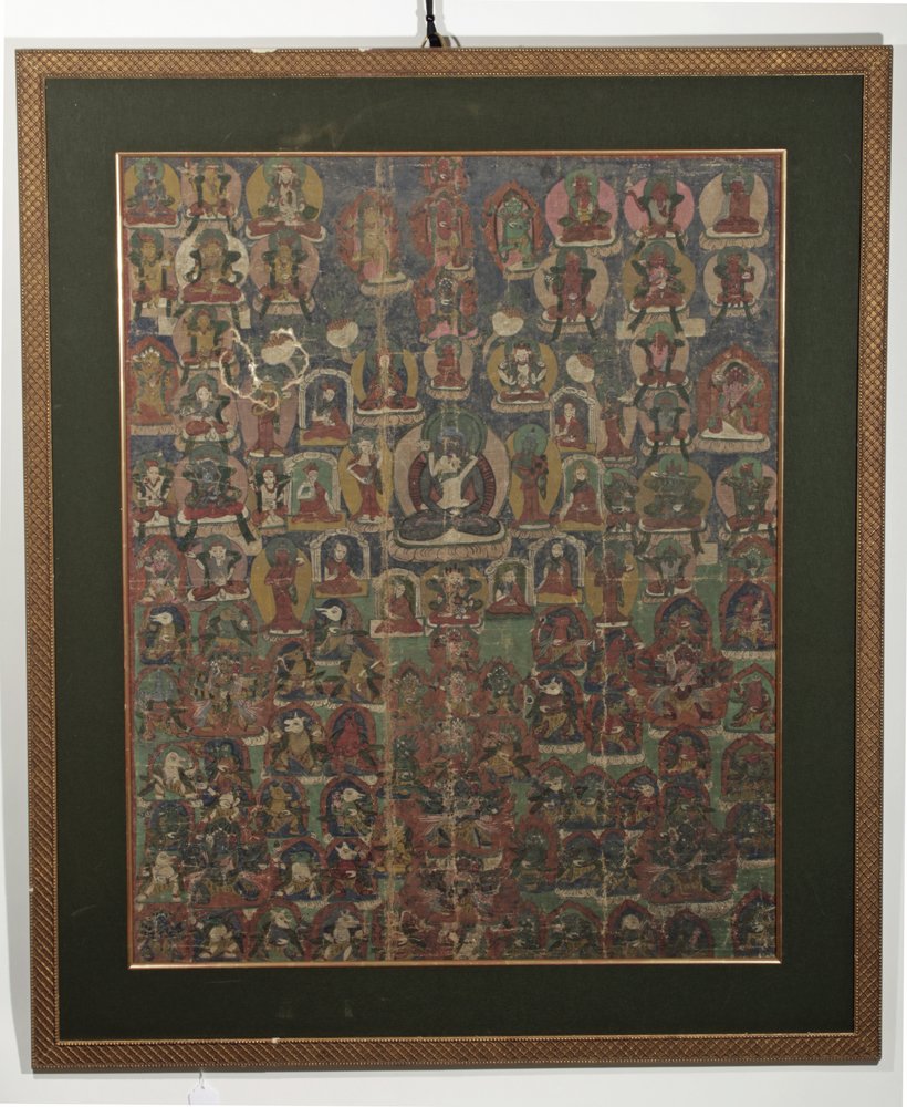 18th C. Tibetan Thangka - Guhyasamaja Akshobhyavajra: Southeast Asia, Sino-Chinese, ca. 18th century. This thangka features a central depiction of Guhyasamaja Akshobhyavajra Father Mother. Guhyasamaja Buddha symbolically represents the union of all of th