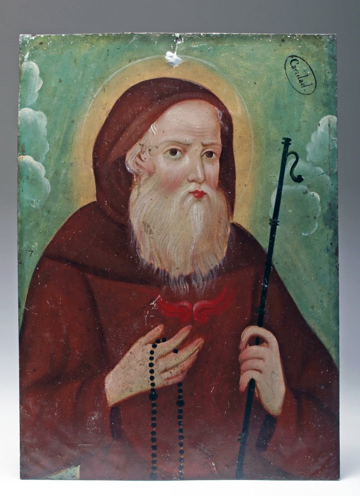 19th C. Mexican Retablo - San Francisco, ex-Historia: Latin America, Mexico, ca. 19th century CE. Beautifully painted large retablo on tin with the traditional depiction of San Francisco de Paola, the saint associated with charity. Note the word "Caridad