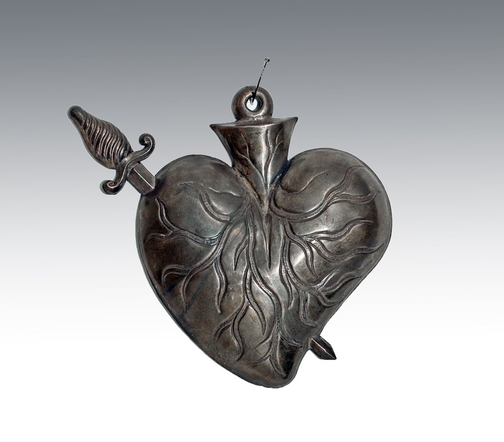 20th C. Mexican Silver Milagro, Dagger through Heart (1 of 2)
